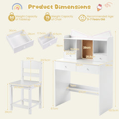 Kids Study Desk and Chair Set with Open Shelves and Cork Bulletin Board-White