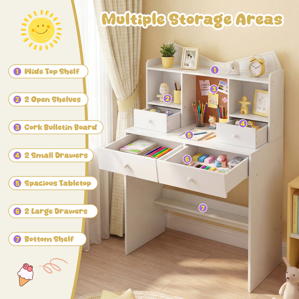 Kids Study Desk and Chair Set with Open Shelves and Cork Bulletin Board-White