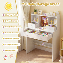 Kids Study Desk and Chair Set with Open Shelves and Cork Bulletin Board-White