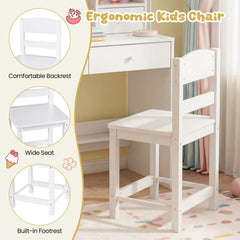 Kids Study Desk and Chair Set with Open Shelves and Cork Bulletin Board-White