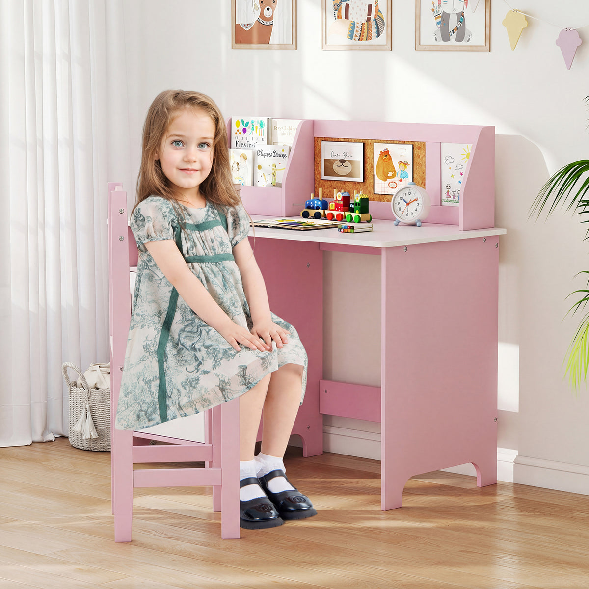 Kids Table and Chair Set with Hutch and Cabinet-Pink