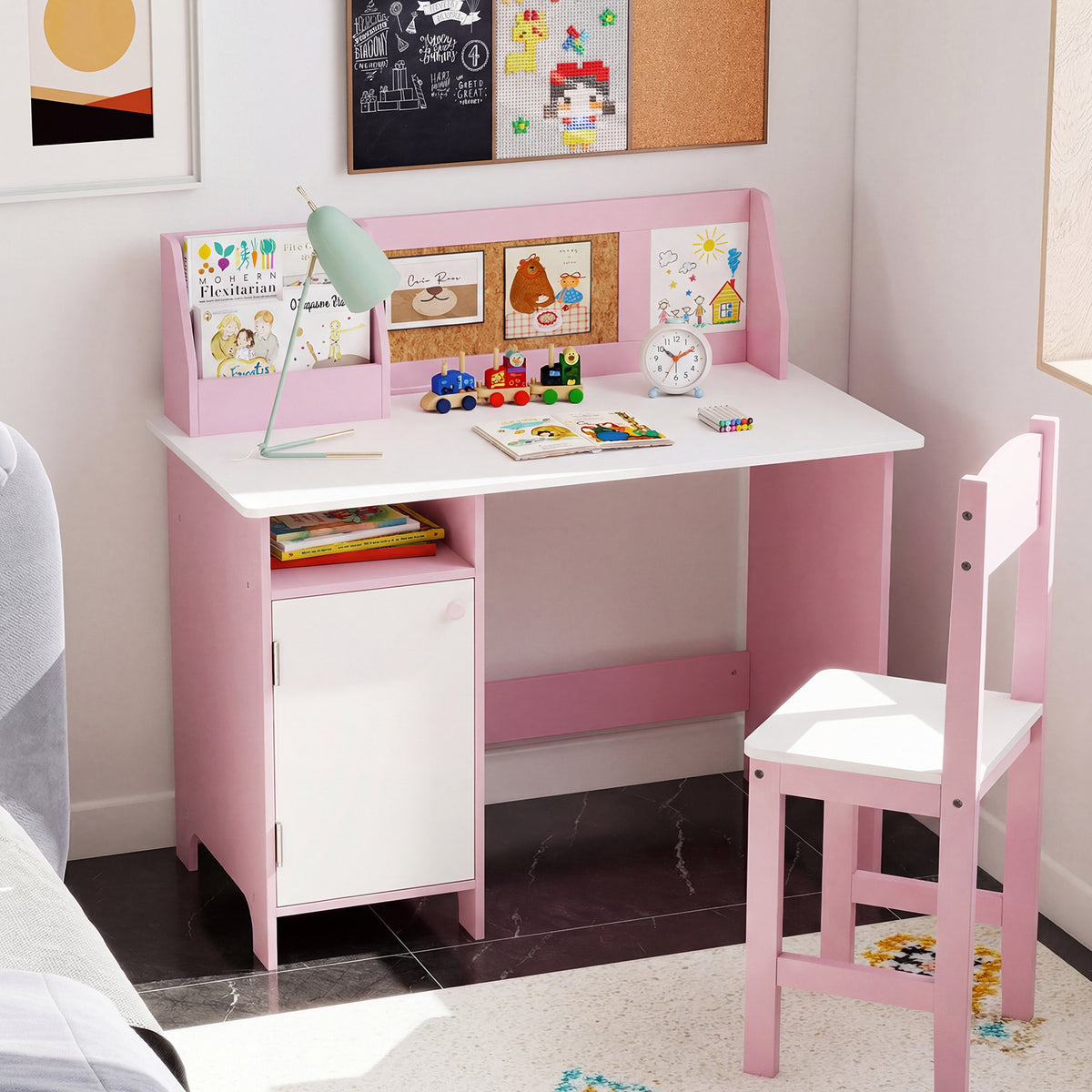Kids Table and Chair Set with Hutch and Cabinet-Pink