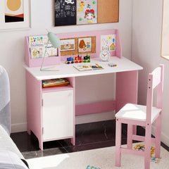 Kids Table and Chair Set with Hutch and Cabinet-Pink