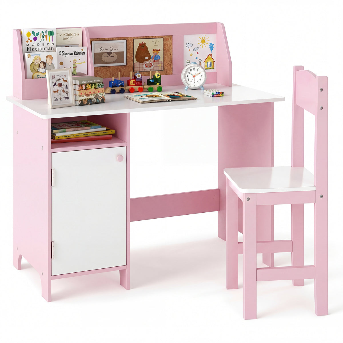 Kids Table and Chair Set with Hutch and Cabinet-Pink