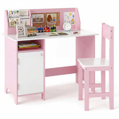 Kids Table and Chair Set with Hutch and Cabinet-Pink