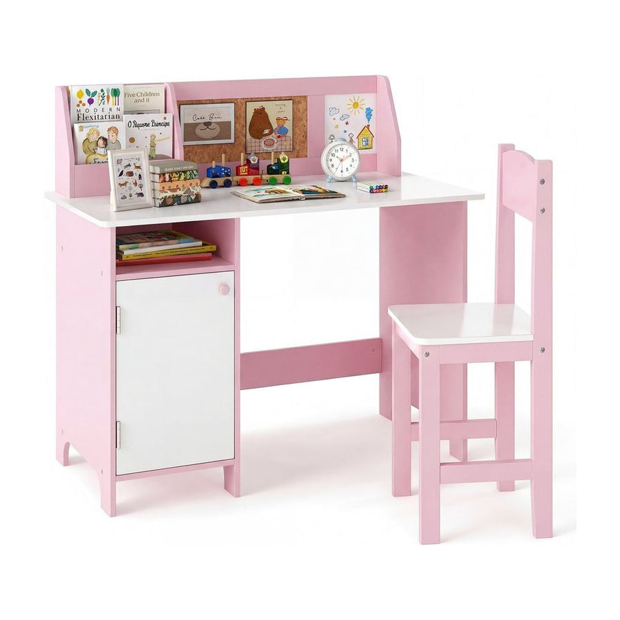 Kids Table and Chair Set with Hutch and Cabinet-Pink