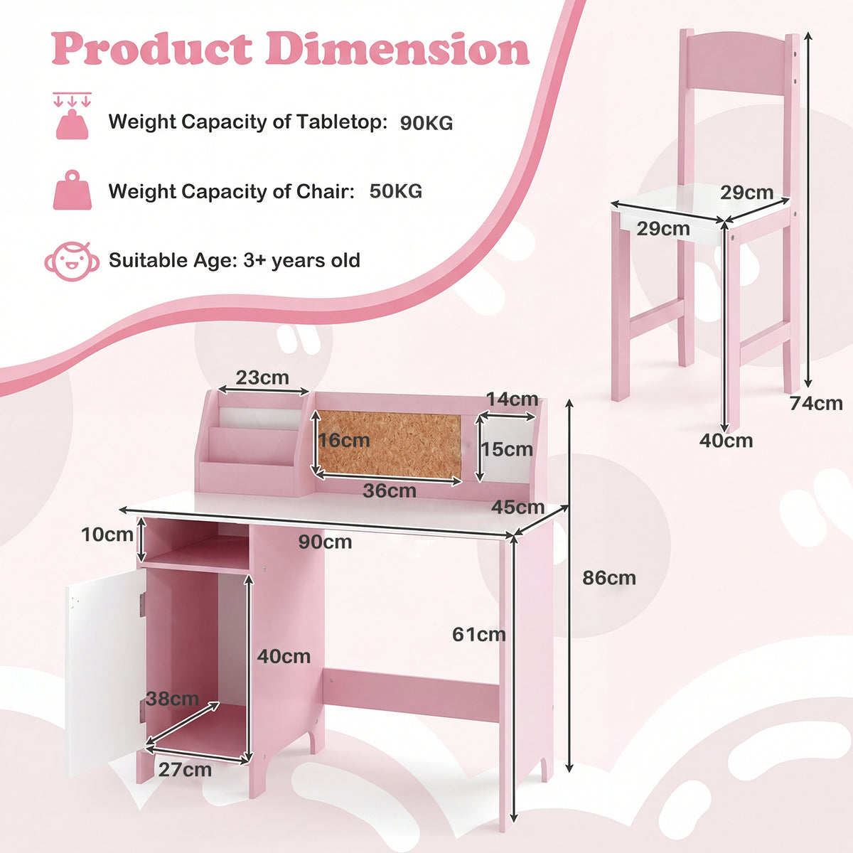 Kids Table and Chair Set with Hutch and Cabinet-Pink