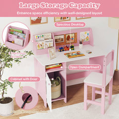 Kids Table and Chair Set with Hutch and Cabinet-Pink