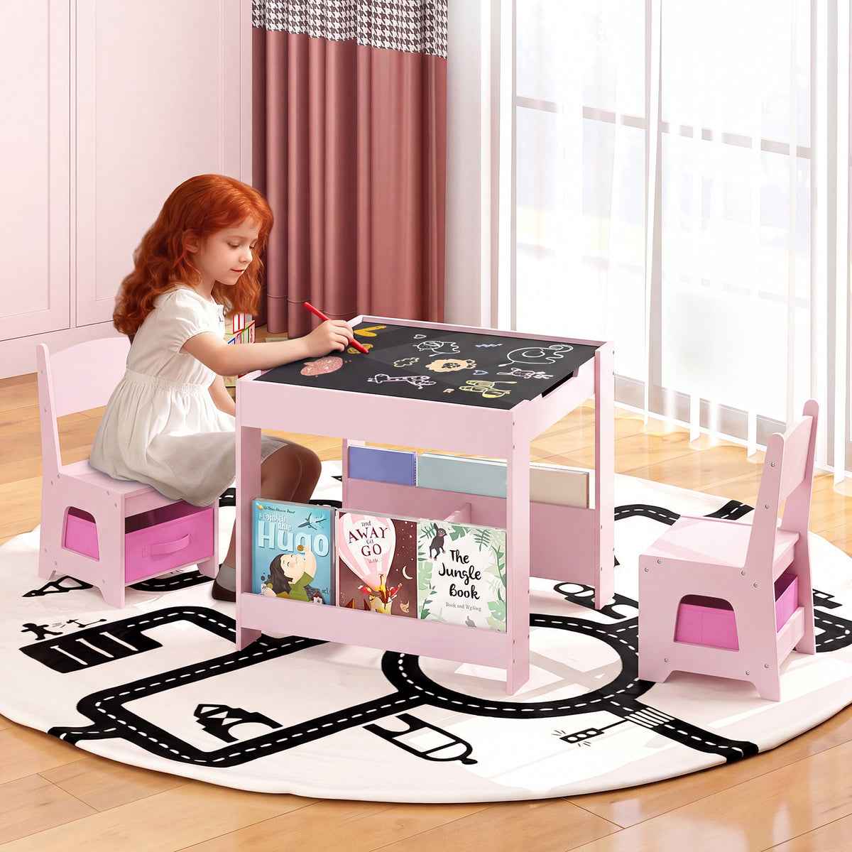 Kids Table and Chairs Set Toddler Wooden Activity Desk-Pink