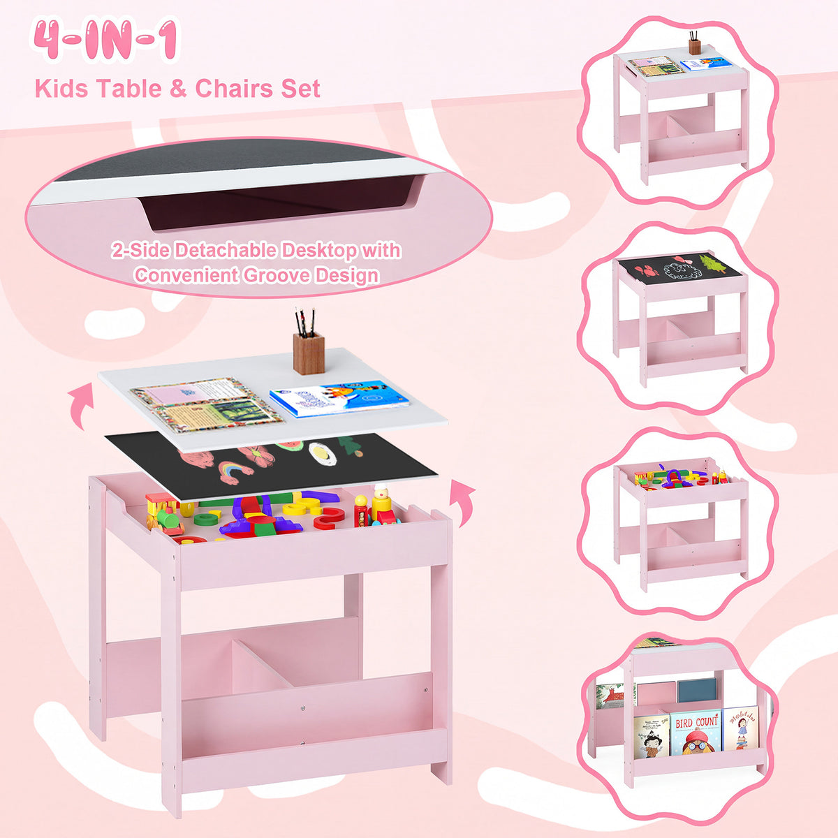 Kids Table and Chairs Set Toddler Wooden Activity Desk-Pink