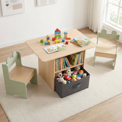Kids Table and Chairs Set Wooden Toddler Activity Table Set with 2 Open Compartments-Green