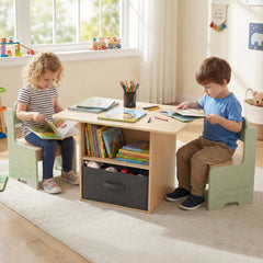 Kids Table and Chairs Set Wooden Toddler Activity Table Set with 2 Open Compartments-Green