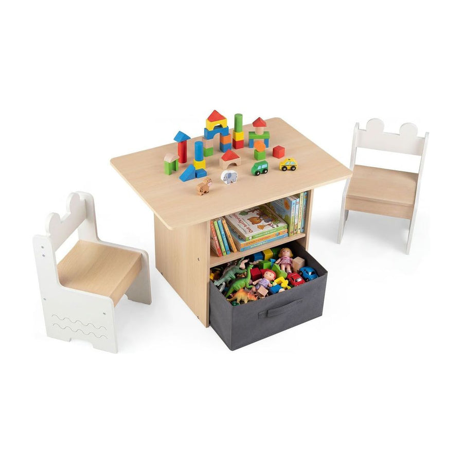 Kids Table and Chairs Set Wooden Toddler Activity Table Set with 2 Open Compartments-White