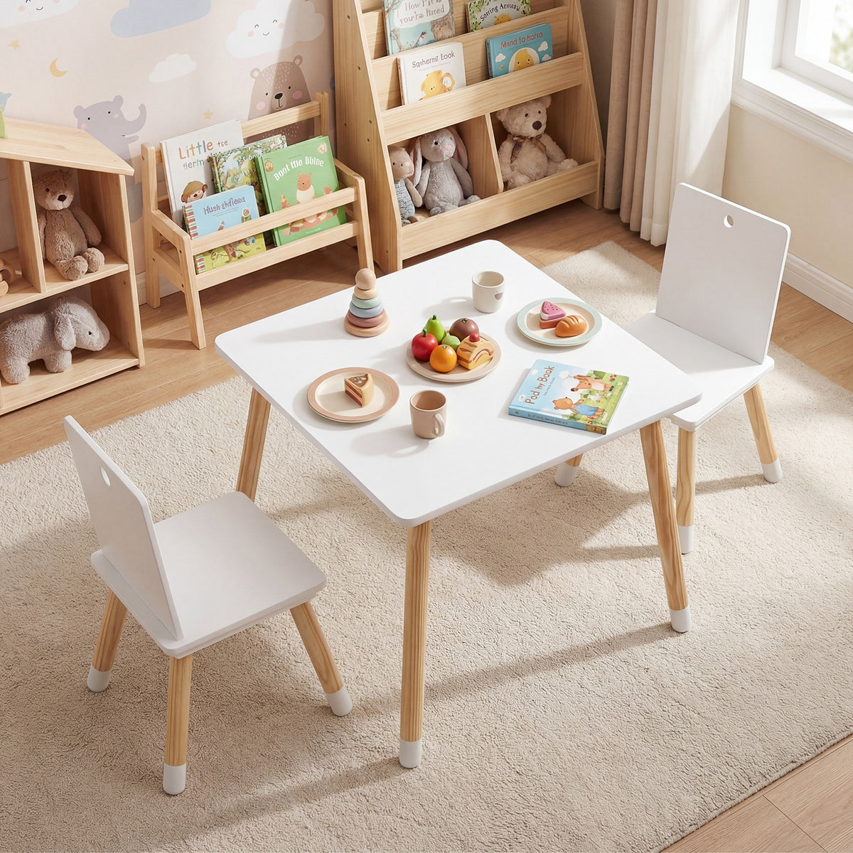 Kids Table and Chairs Set with Pine Wood Legs for Playing Learning Eating-White