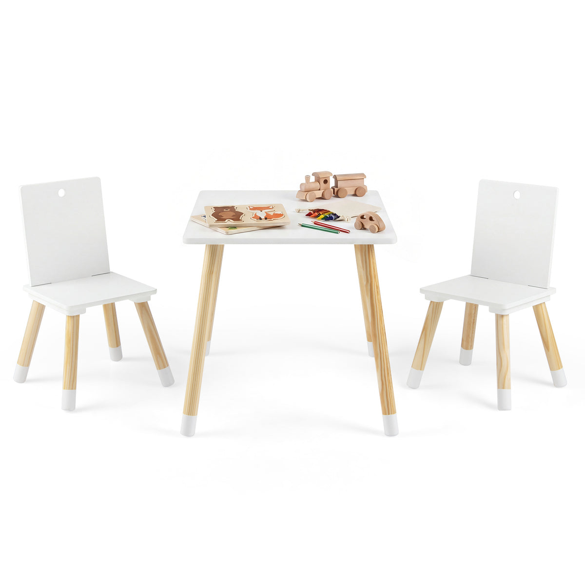 Kids Table and Chairs Set with Pine Wood Legs for Playing Learning Eating-White