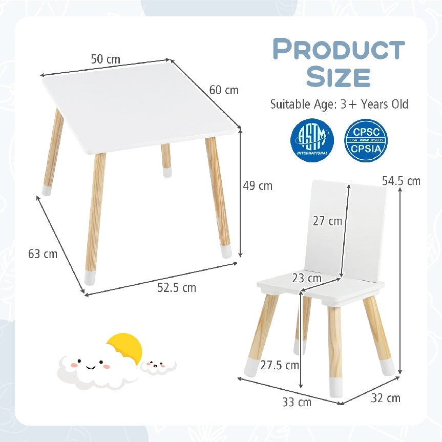 Kids Table and Chairs Set with Pine Wood Legs for Playing Learning Eating-White