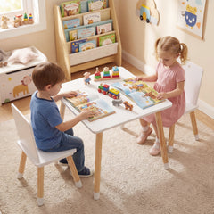 Kids Table and Chairs Set with Pine Wood Legs for Playing Learning Eating-White