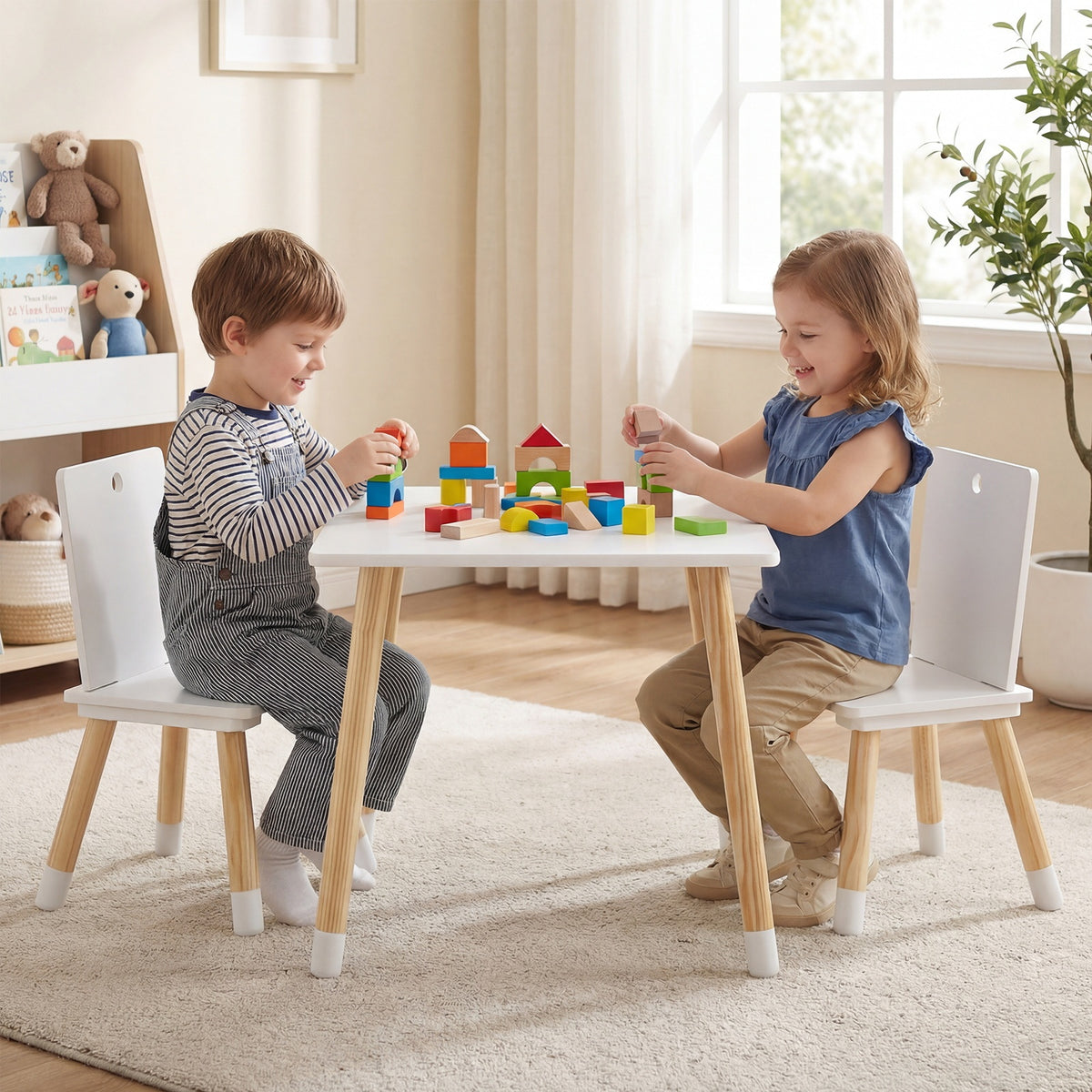 Kids Table and Chairs Set with Pine Wood Legs for Playing Learning Eating-White