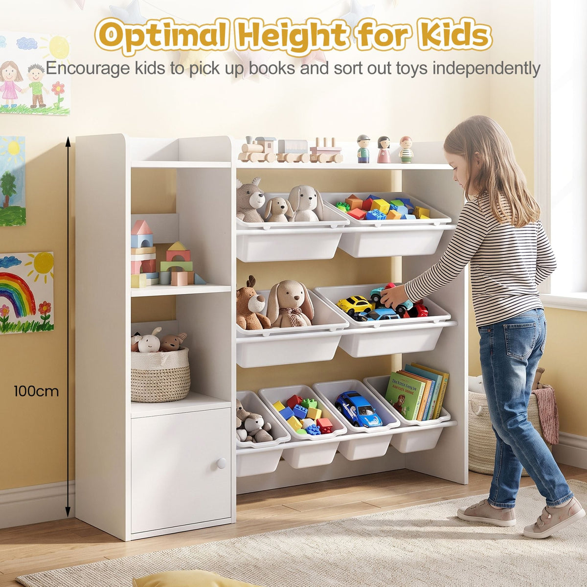 Kids Toy Storage Organizer with 8 Removable Bins and Cabinet for Toddler-White