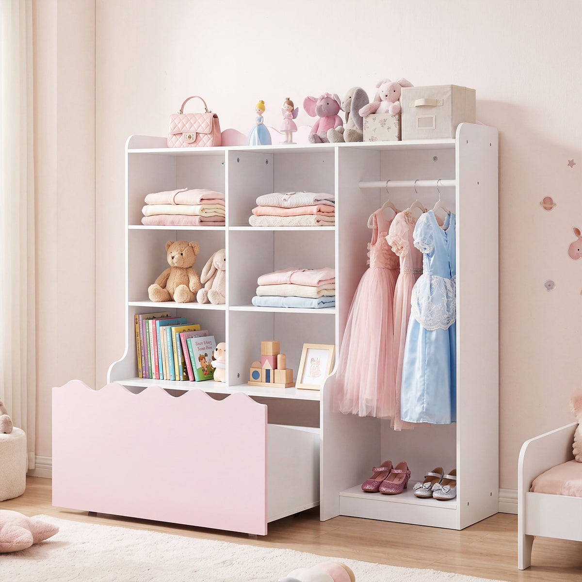 Kids Toy Storage Organizer with Clothing Rack 6 Cubes and Movable Drawer-Pink