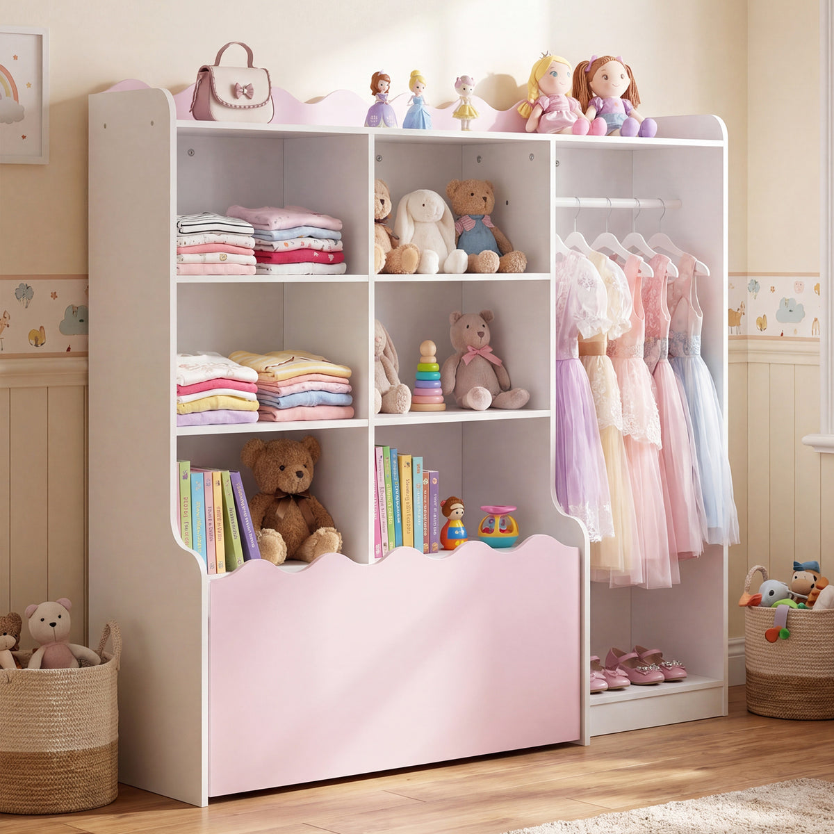 Kids Toy Storage Organizer with Clothing Rack 6 Cubes and Movable Drawer-Pink