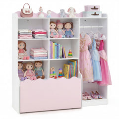 Kids Toy Storage Organizer with Clothing Rack 6 Cubes and Movable Drawer-Pink