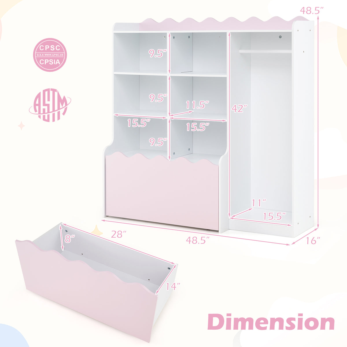 Kids Toy Storage Organizer with Clothing Rack 6 Cubes and Movable Drawer-Pink