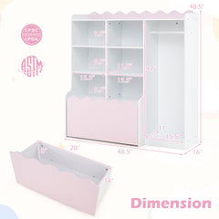 Kids Toy Storage Organizer with Clothing Rack 6 Cubes and Movable Drawer-Pink