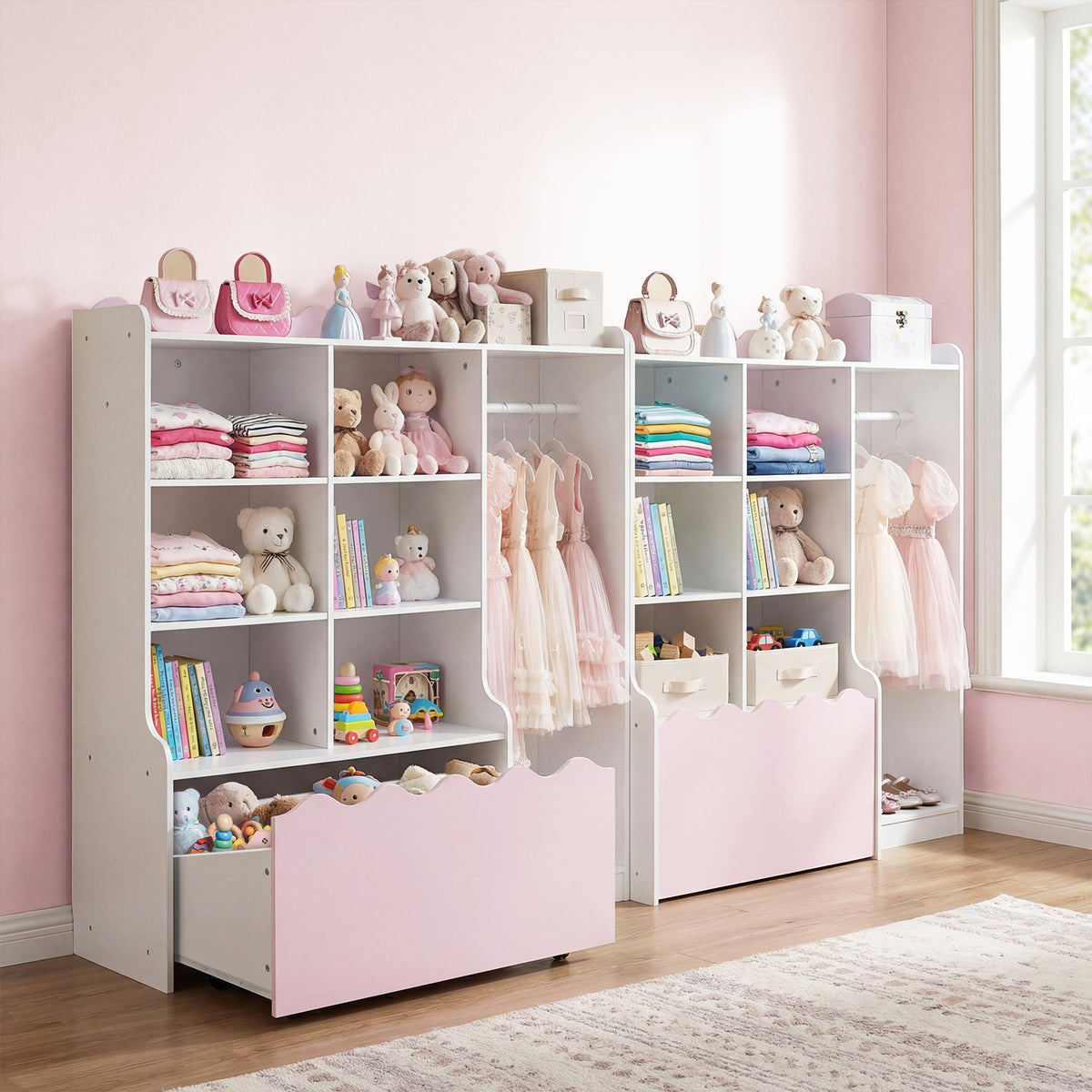 Kids Toy Storage Organizer with Clothing Rack 6 Cubes and Movable Drawer-Pink