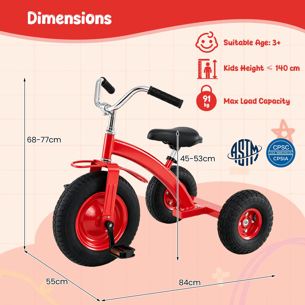 Kids Tricycle with Inflatable Tires and Adjustable Handlebar for Ages 3+-Red