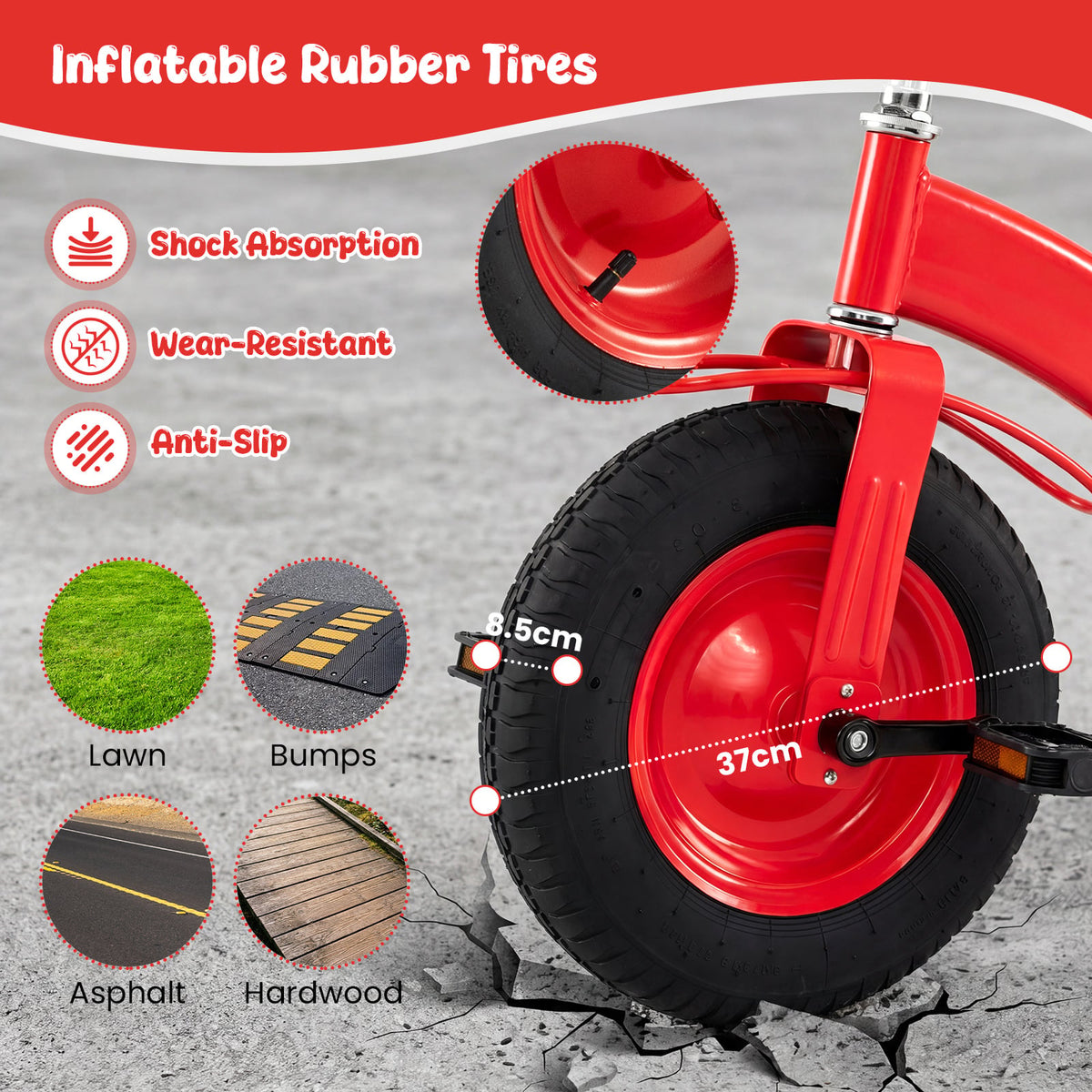 Kids Tricycle with Inflatable Tires and Adjustable Handlebar for Ages 3+-Red