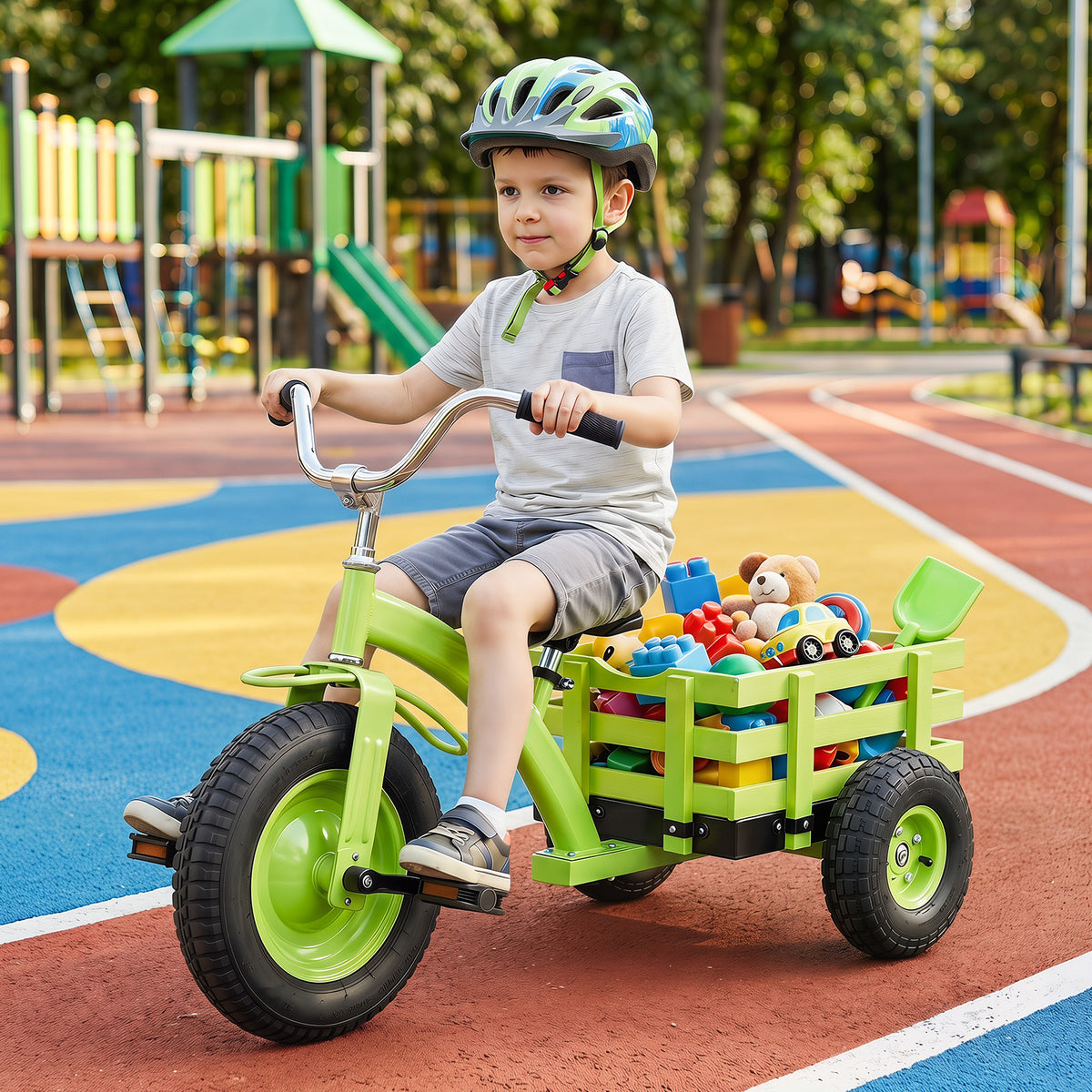 Kids Tricycle with Storage Basket and Inflatable Tires for Boys Girls Ages 3+-Green