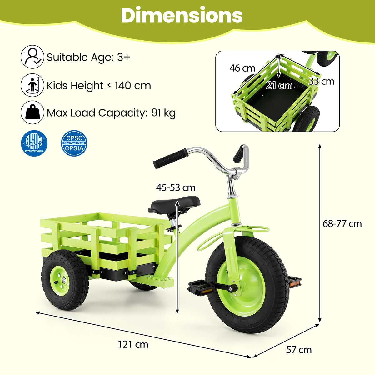 Kids Tricycle with Storage Basket and Inflatable Tires for Boys Girls Ages 3+-Green