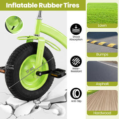 Kids Tricycle with Storage Basket and Inflatable Tires for Boys Girls Ages 3+-Green