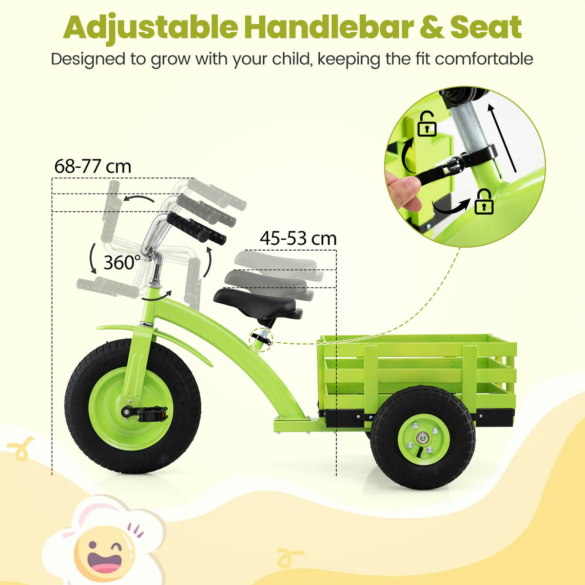 Kids Tricycle with Storage Basket and Inflatable Tires for Boys Girls Ages 3+-Green