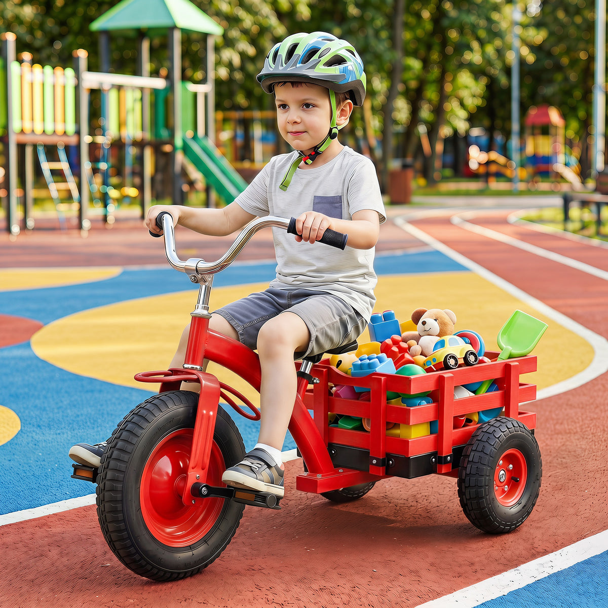Kids Tricycle with Storage Basket and Inflatable Tires for Boys Girls Ages 3+-Red