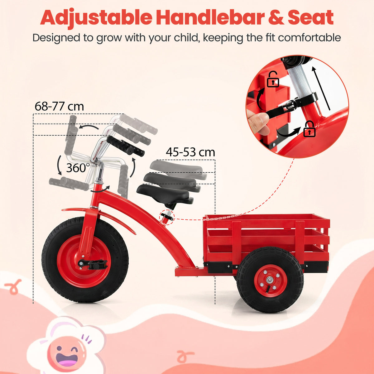 Kids Tricycle with Storage Basket and Inflatable Tires for Boys Girls Ages 3+-Red