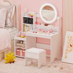 Kids Vanity Desk Princess Pretend Play Dressing Table Set with Mirror and Lights-White