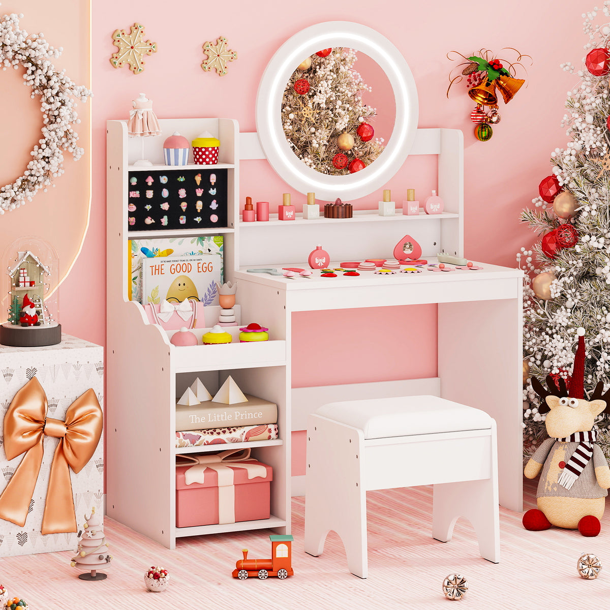 Kids Vanity Desk Princess Pretend Play Dressing Table Set with Mirror and Lights-White