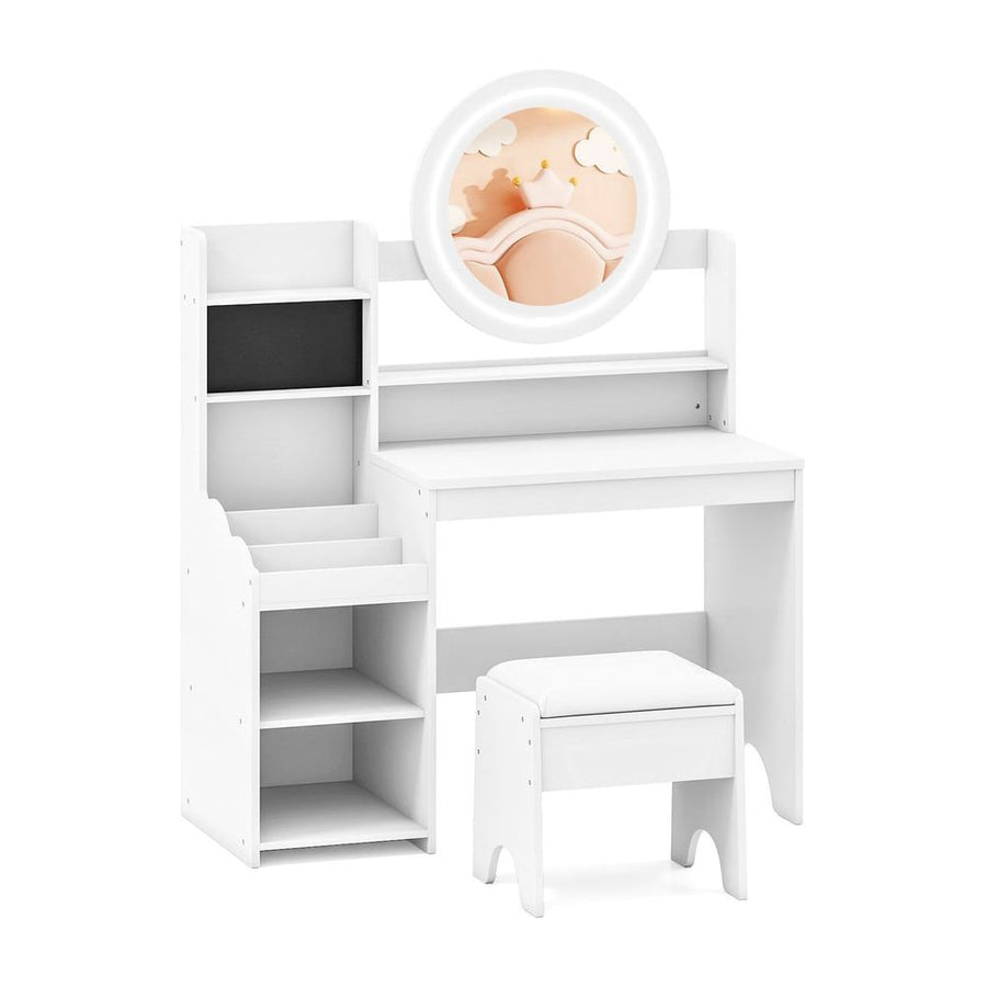 Kids Vanity Desk Princess Pretend Play Dressing Table Set with Mirror and Lights-White