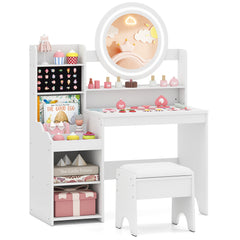 Kids Vanity Desk Princess Pretend Play Dressing Table Set with Mirror and Lights-White