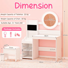 Kids Vanity Desk Princess Pretend Play Dressing Table Set with Mirror and Lights-White