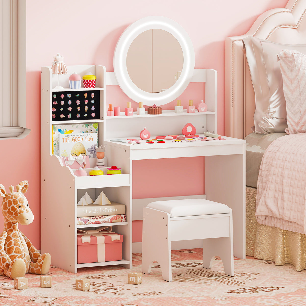 Kids Vanity Desk Princess Pretend Play Dressing Table Set with Mirror and Lights-White