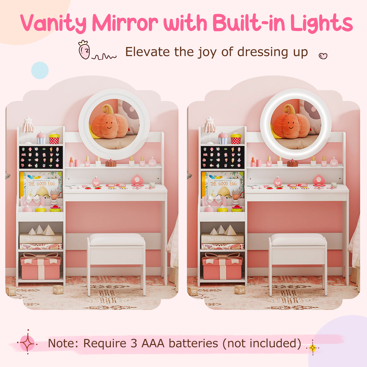 Kids Vanity Desk Princess Pretend Play Dressing Table Set with Mirror and Lights-White