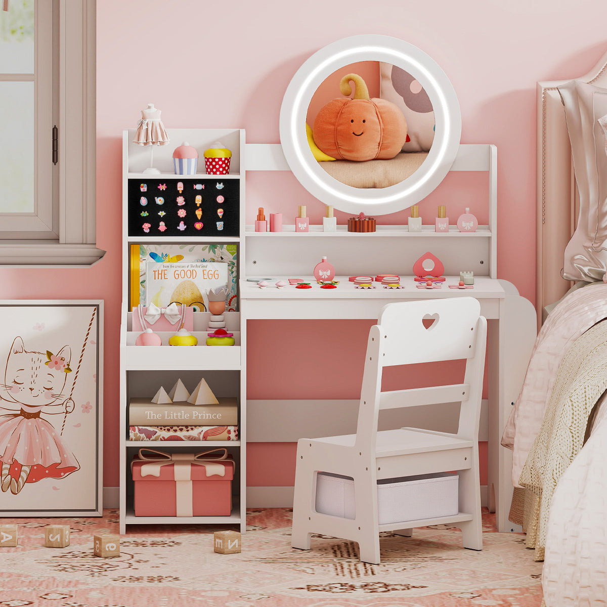 Kids Vanity Desk with Mirror Bookshelf and Lights Princess Pretend Play Dressing Table and Chair Set-White