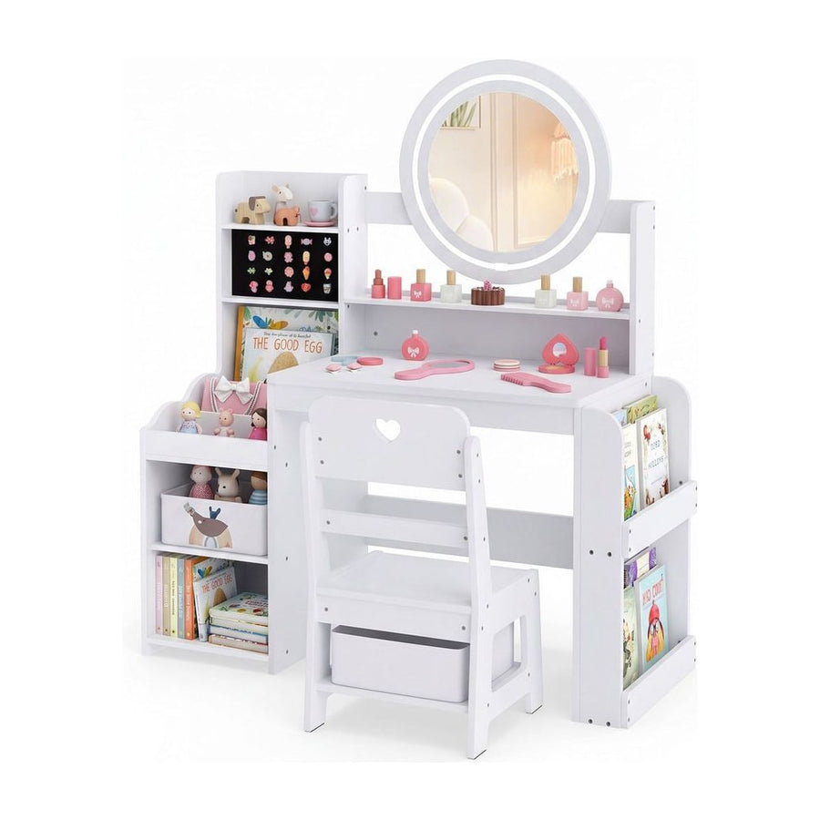 Kids Vanity Desk with Mirror Bookshelf and Lights Princess Pretend Play Dressing Table and Chair Set-White