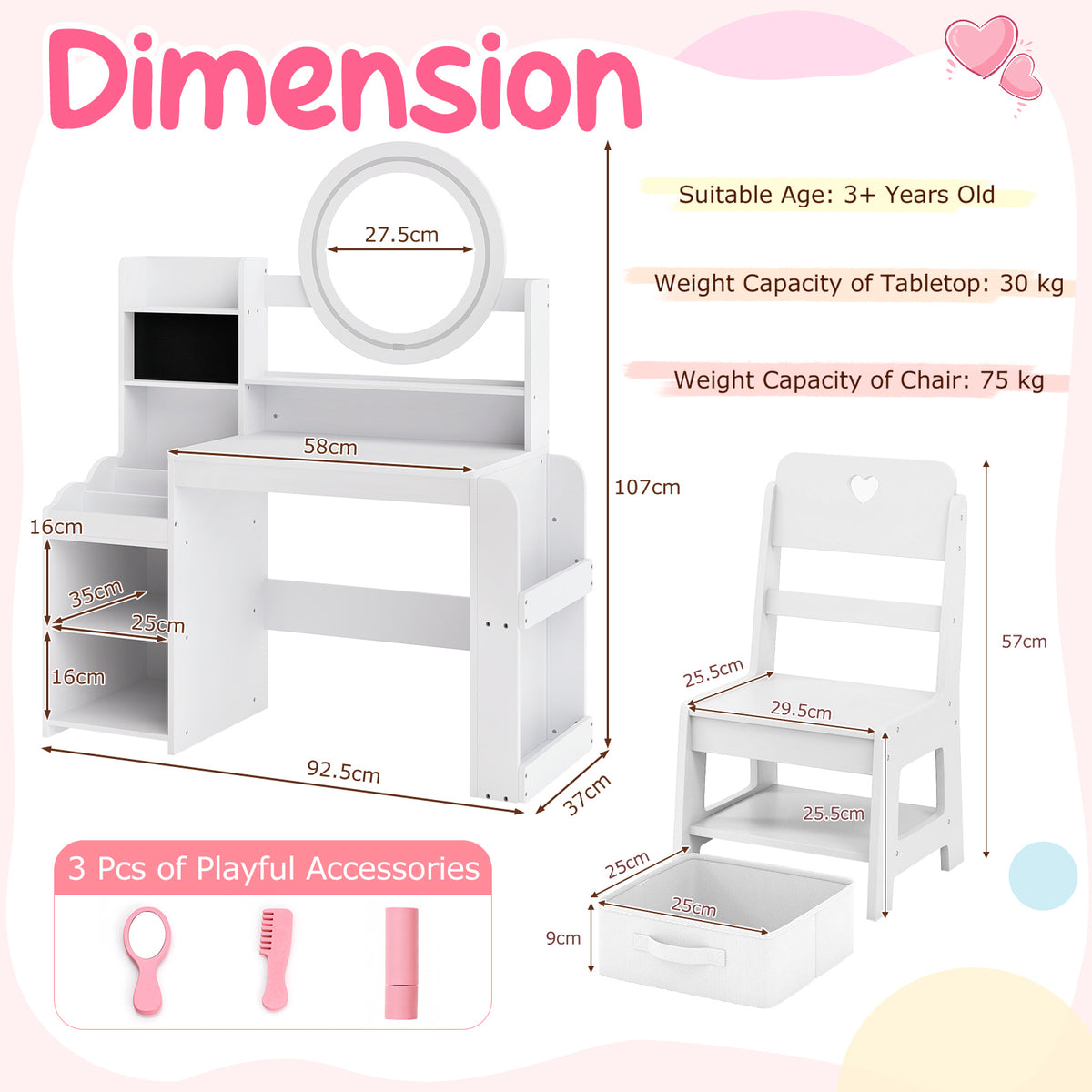 Kids Vanity Desk with Mirror Bookshelf and Lights Princess Pretend Play Dressing Table and Chair Set-White