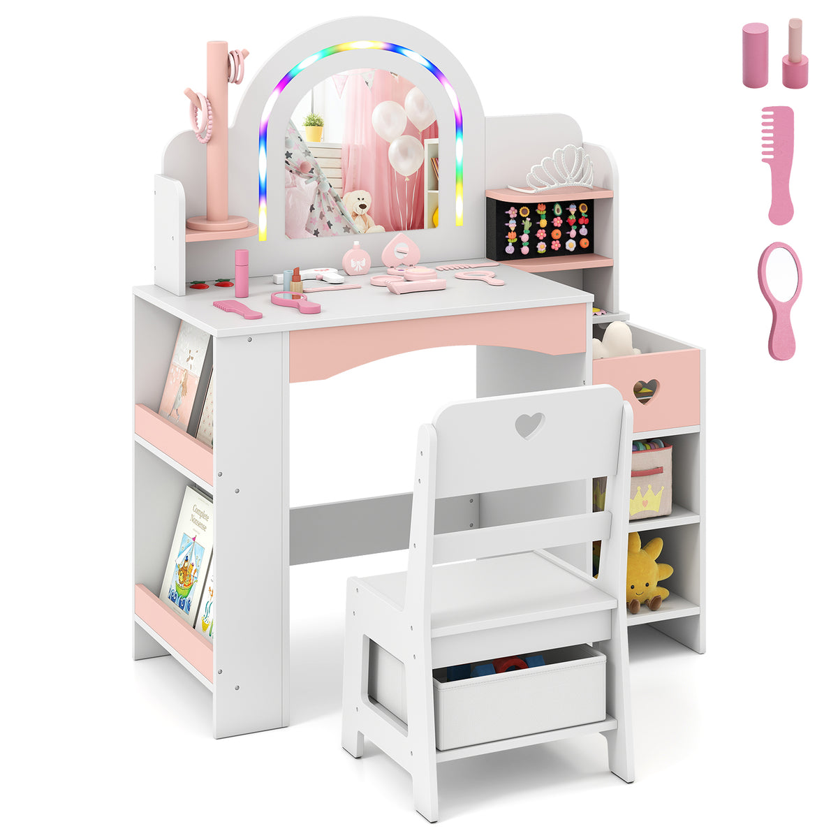 Kids Vanity Desk with Mirror Lights and Open Storage Shelves-White