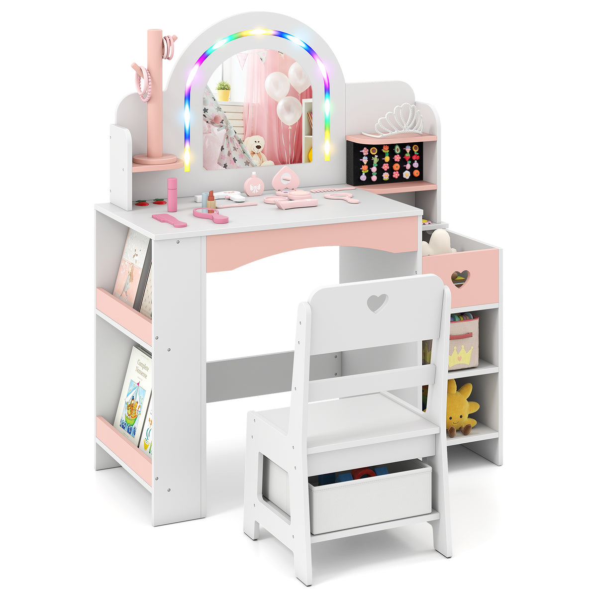 Kids Vanity Desk with Mirror Lights and Open Storage Shelves-White
