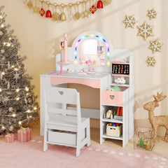 Kids Vanity Desk with Mirror Lights and Open Storage Shelves-White
